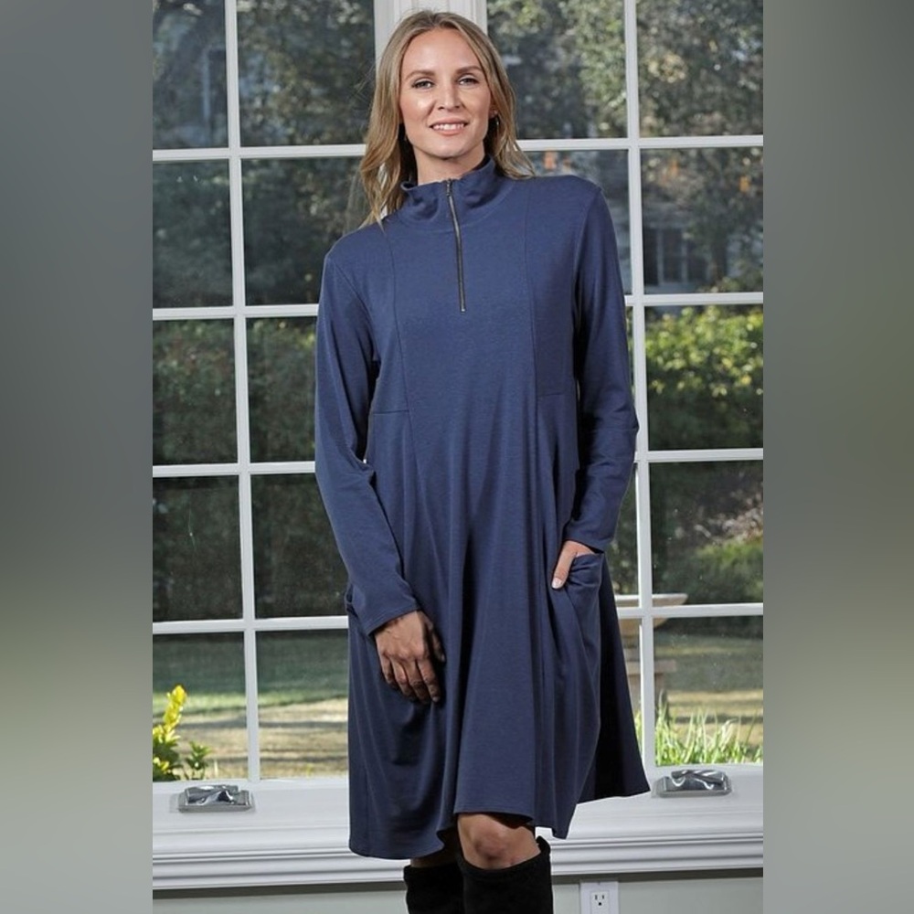 CHÂLET ET CECI Melrose Dress Zip Neck Bamboo Cotton Blend Blue Size M
